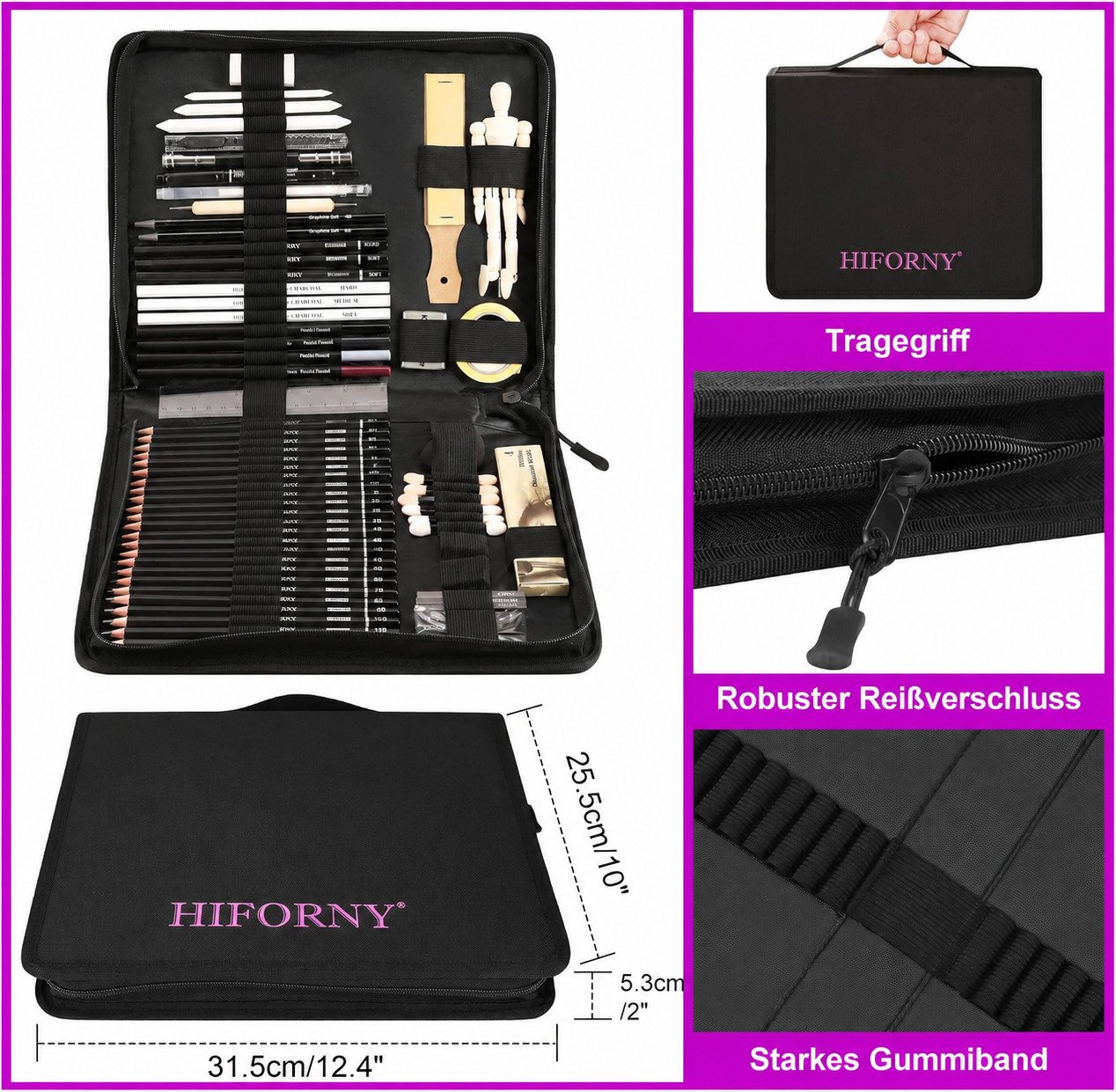 HIFORNY Künstlerstift 70-teiliges Skizzenset für Künstler mit Skizzenbuch und Nylon-Etui, (Skizzierset, 70-tlg., mit Nylon-Federmäppchen), 24 Graphitstifte 14B–5H, Kohle, Zeichenpuppe, Nylon-Federmäppchen Bild 5