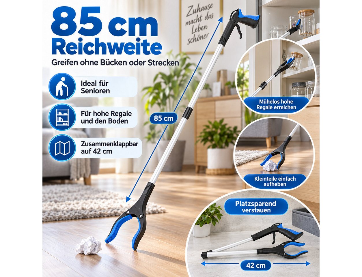 Luckice Greifzange Müllgreifer rückenschonend faltbar für Senioren & Reinigung, Set 1-tlg., Aluminium-Schaft, rutschfester Silikon-Greifkopf, Rückenschonendes Arbeiten, faltbares Design für platzsparende