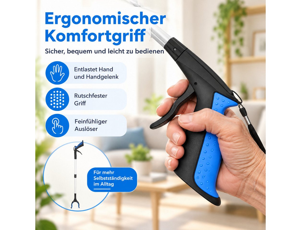 Luckice Greifzange Müllgreifer rückenschonend faltbar für Senioren & Reinigung, Set 1-tlg., Aluminium-Schaft, rutschfester Silikon-Greifkopf, Rückenschonendes Arbeiten, faltbares Design für platzsparende Bild 2
