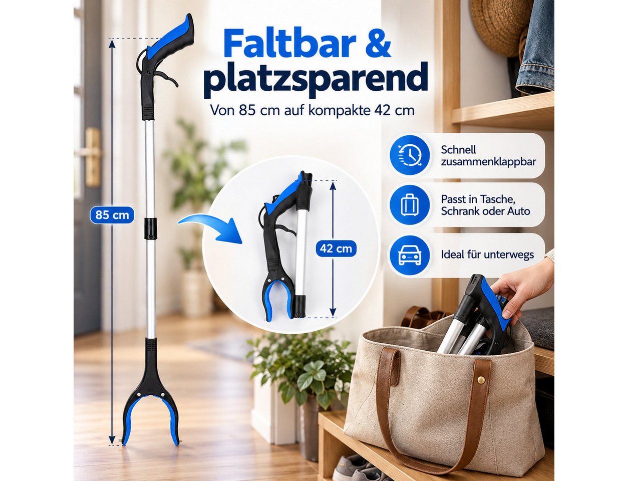 Luckice Greifzange Müllgreifer rückenschonend faltbar für Senioren & Reinigung, Set 1-tlg., Aluminium-Schaft, rutschfester Silikon-Greifkopf, Rückenschonendes Arbeiten, faltbares Design für platzsparende Bild 3