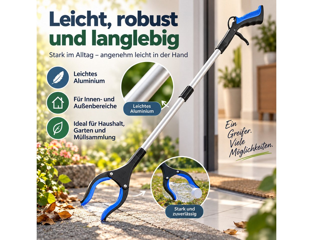 Luckice Greifzange Müllgreifer rückenschonend faltbar für Senioren & Reinigung, Set 1-tlg., Aluminium-Schaft, rutschfester Silikon-Greifkopf, Rückenschonendes Arbeiten, faltbares Design für platzsparende Bild 4
