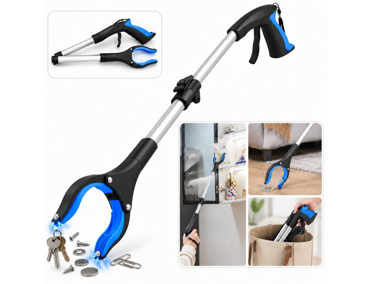 Luckice Greifzange Müllgreifer rückenschonend faltbar für Senioren & Reinigung, Set 1-tlg., Aluminium-Schaft, rutschfester Silikon-Greifkopf, Rückenschonendes Arbeiten, faltbares Design für platzsparende Bild 5