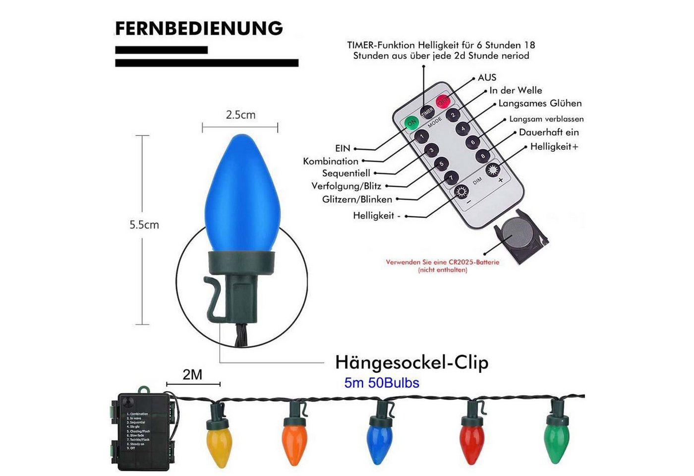 FELIXLEO LED-Lichterkette 5m LED Lichterkette Bunt, 8 Modi, wasserdicht, Batterie, Fernbedienung Bild 4