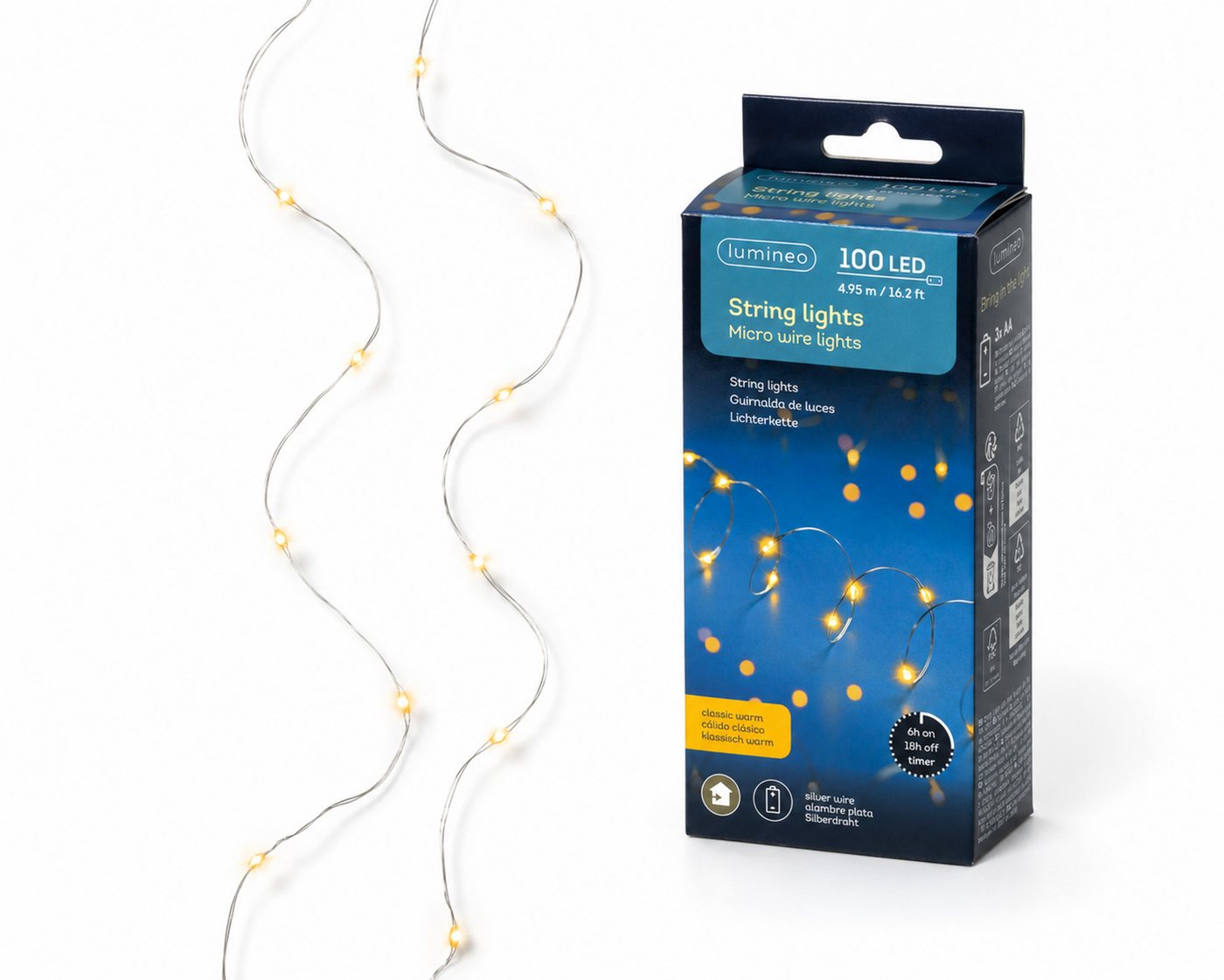 Lumineo LED-Lichterkette, LED Draht Lichterkette 4,95m Batterie 100 Micro-LEDs Klassisch Warm Bild 3