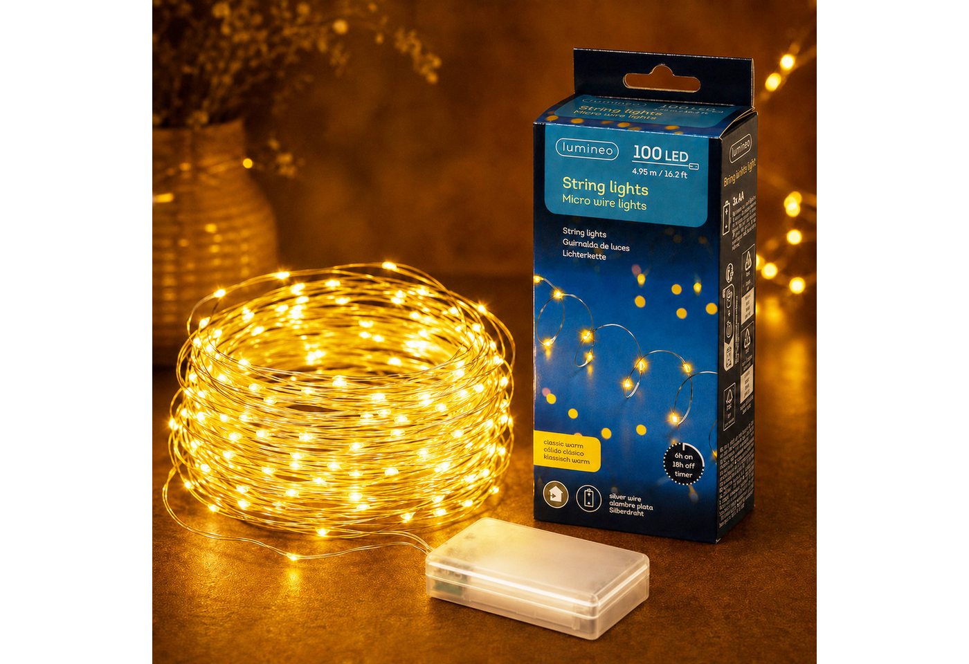 Lumineo LED-Lichterkette, LED Draht Lichterkette 4,95m Batterie 100 Micro-LEDs Klassisch Warm Bild 4