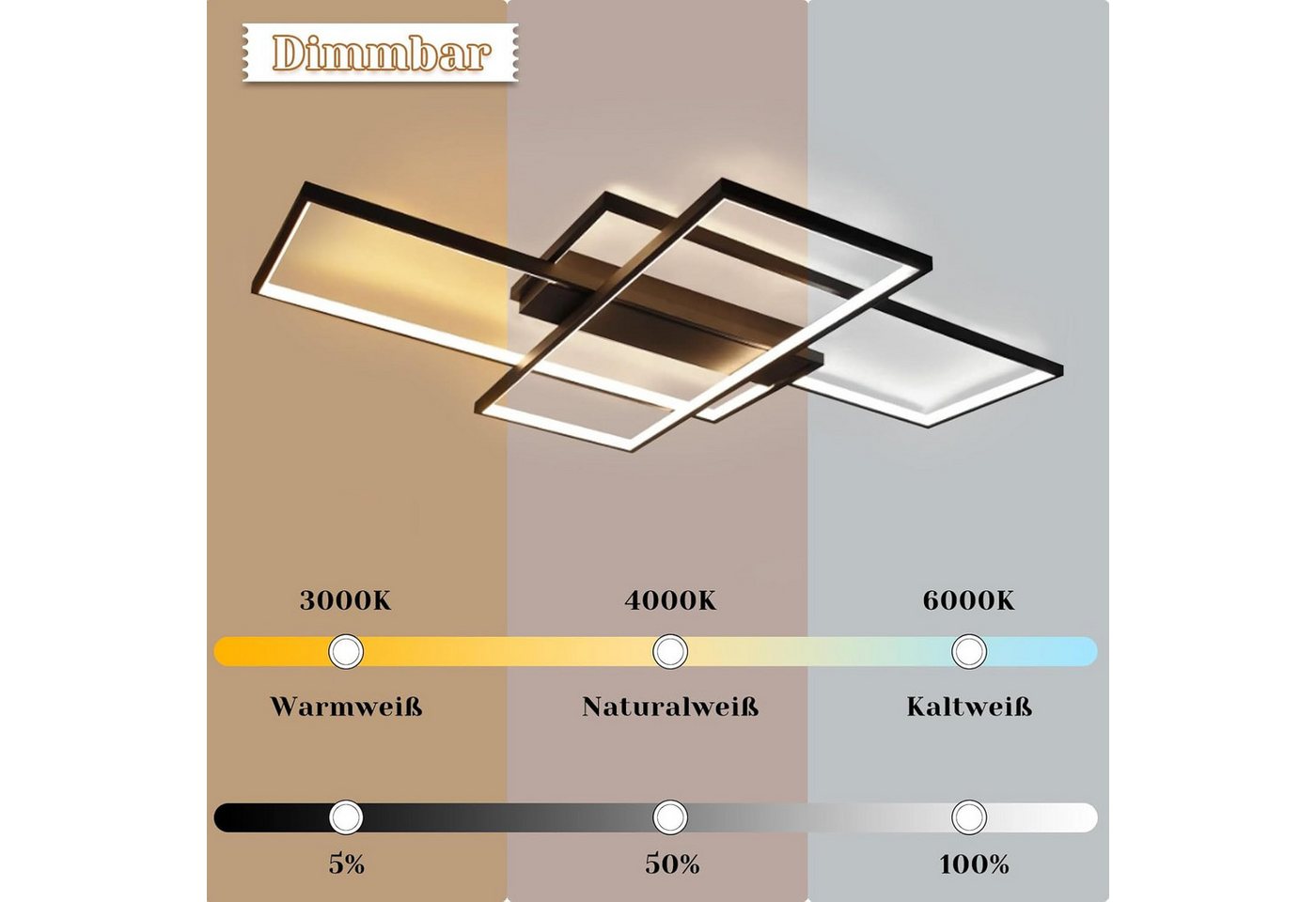 Nettlife LED Deckenleuchte Modern Dimmbar 88W Große 3 Kisten Schwarz warmweiße Wohnzimmerlampe, Dimmbar mit Fernbedienung, LED fest integriert, Neutralweiß, Kaltweiß, Warmweiß, 3000-6000K für Schlafzimmer Wohnzimmer Flur Büro Balkon