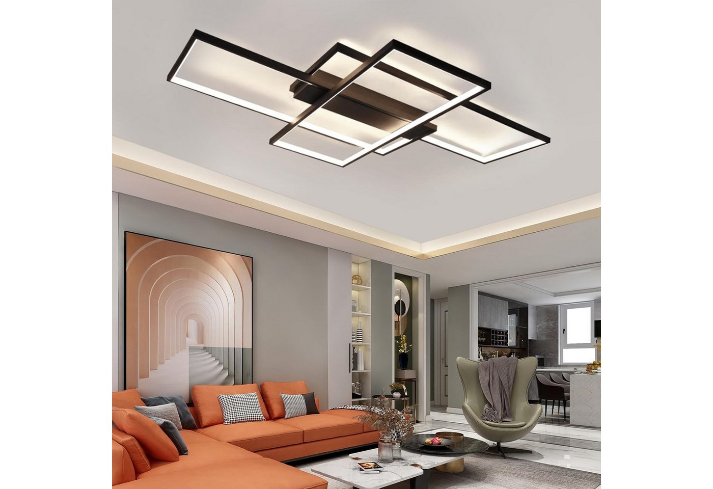 Nettlife LED Deckenleuchte Modern Dimmbar 88W Große 3 Kisten Schwarz warmweiße Wohnzimmerlampe, Dimmbar mit Fernbedienung, LED fest integriert, Neutralweiß, Kaltweiß, Warmweiß, 3000-6000K für Schlafzimmer Wohnzimmer Flur Büro Balkon Bild 2