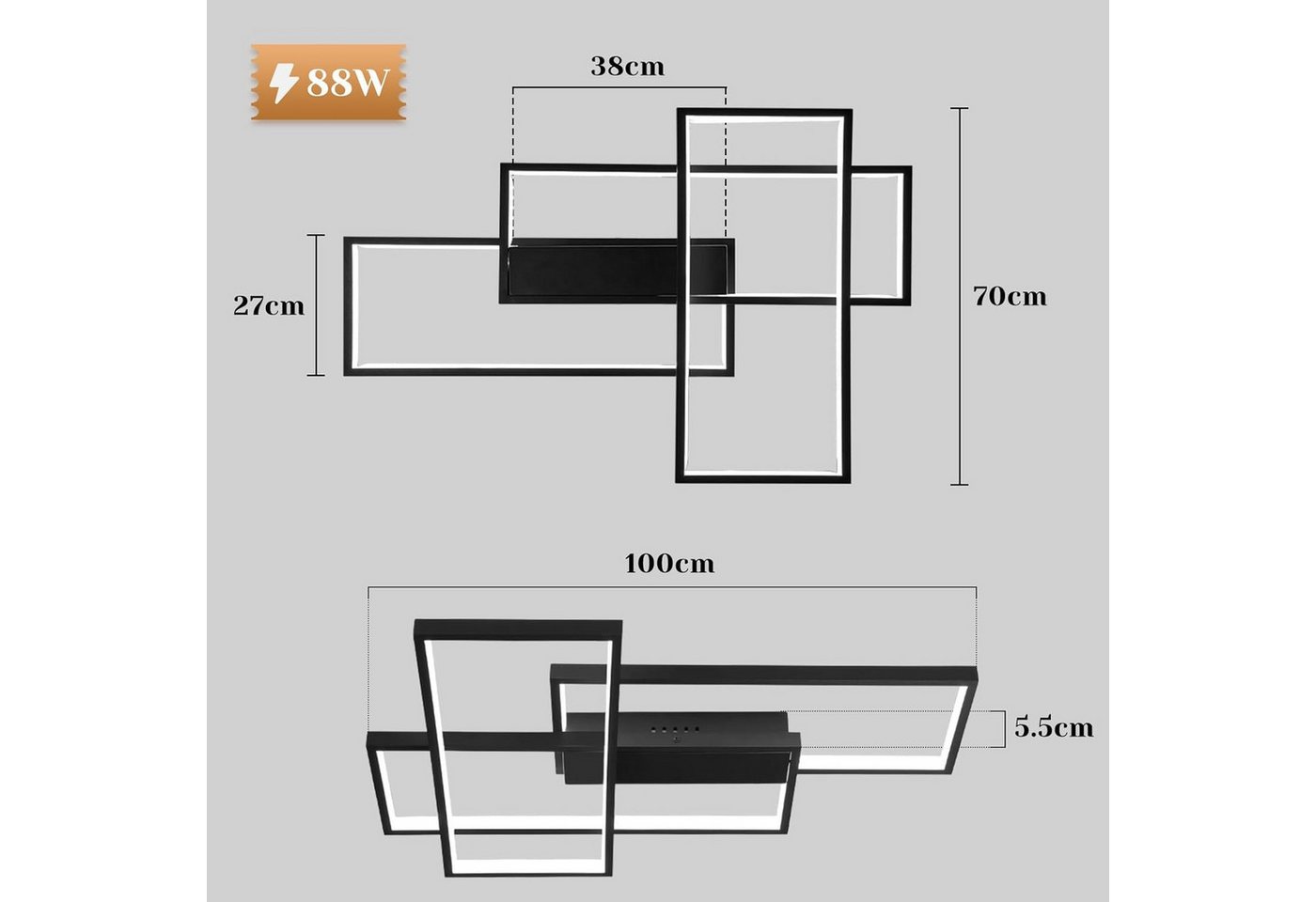 Nettlife LED Deckenleuchte Modern Dimmbar 88W Große 3 Kisten Schwarz warmweiße Wohnzimmerlampe, Dimmbar mit Fernbedienung, LED fest integriert, Neutralweiß, Kaltweiß, Warmweiß, 3000-6000K für Schlafzimmer Wohnzimmer Flur Büro Balkon Bild 3