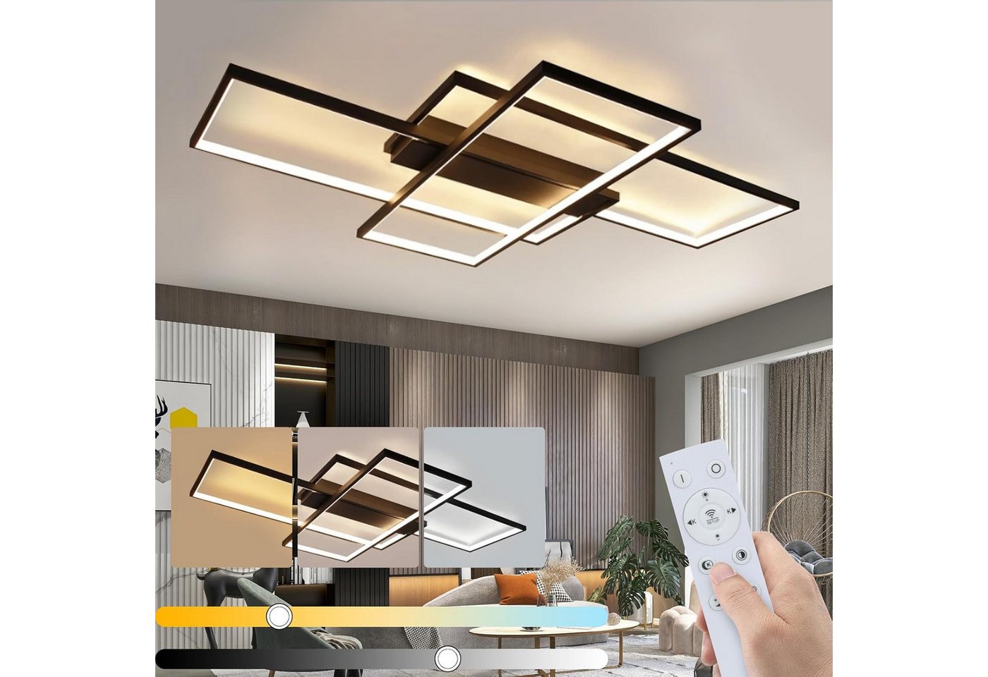 Nettlife LED Deckenleuchte Modern Dimmbar 88W Große 3 Kisten Schwarz warmweiße Wohnzimmerlampe, Dimmbar mit Fernbedienung, LED fest integriert, Neutralweiß, Kaltweiß, Warmweiß, 3000-6000K für Schlafzimmer Wohnzimmer Flur Büro Balkon Bild 4