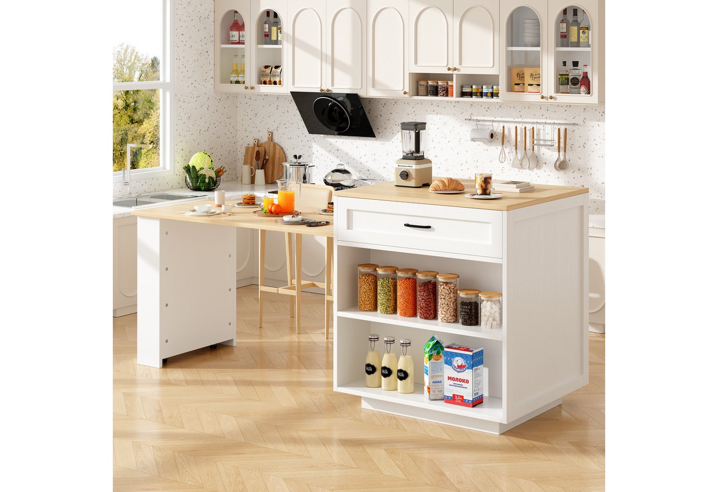 KLAM HOME Kücheninsel Ausziehbarer Bartisch Stehtisch mit Stauraum (133-202×70×93,5cm), (Kücheninsel-Ausziehtisch mit Schublade und Fächern für 2-6 Personen), Küchen-Esswagen mit Seitenablagen, weiß