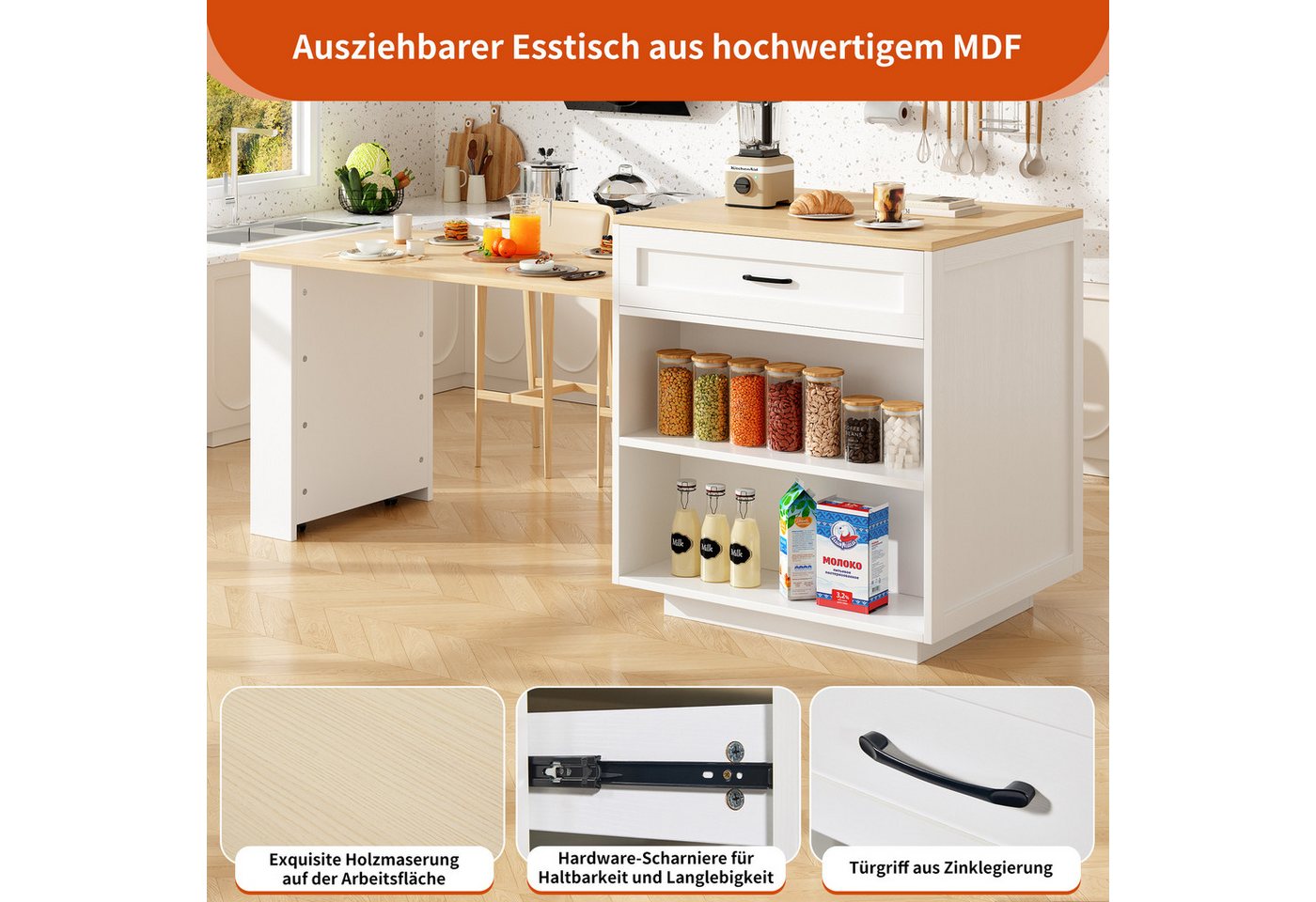 KLAM HOME Kücheninsel Ausziehbarer Bartisch Stehtisch mit Stauraum (133-202×70×93,5cm), (Kücheninsel-Ausziehtisch mit Schublade und Fächern für 2-6 Personen), Küchen-Esswagen mit Seitenablagen, weiß Bild 2