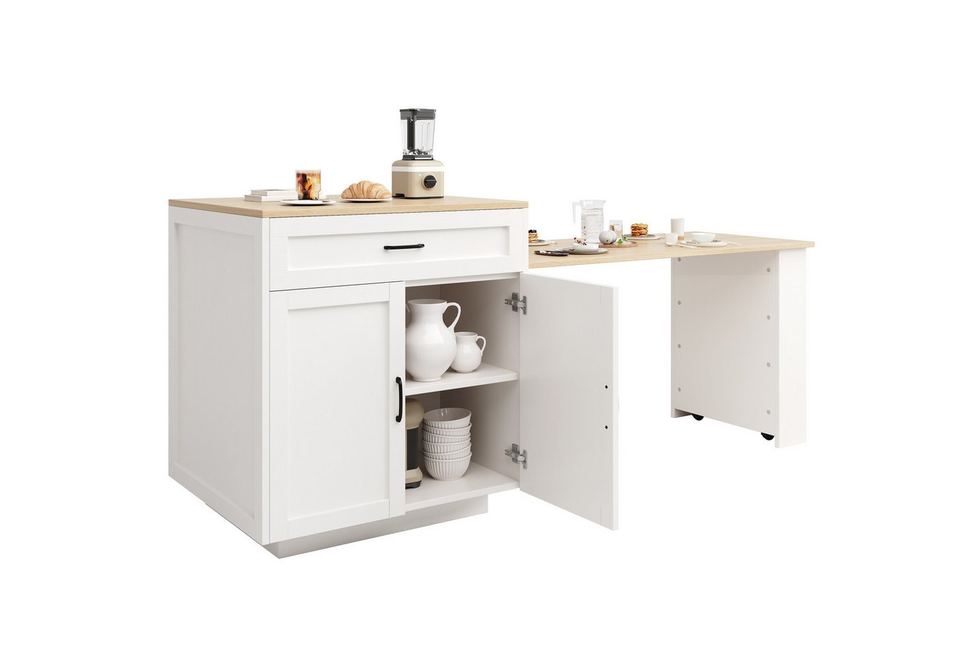 KLAM HOME Kücheninsel Ausziehbarer Bartisch Stehtisch mit Stauraum (133-202×70×93,5cm), (Kücheninsel-Ausziehtisch mit Schublade und Fächern für 2-6 Personen), Küchen-Esswagen mit Seitenablagen, weiß Bild 3