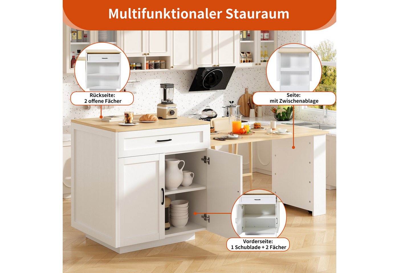 KLAM HOME Kücheninsel Ausziehbarer Bartisch Stehtisch mit Stauraum (133-202×70×93,5cm), (Kücheninsel-Ausziehtisch mit Schublade und Fächern für 2-6 Personen), Küchen-Esswagen mit Seitenablagen, weiß Bild 4