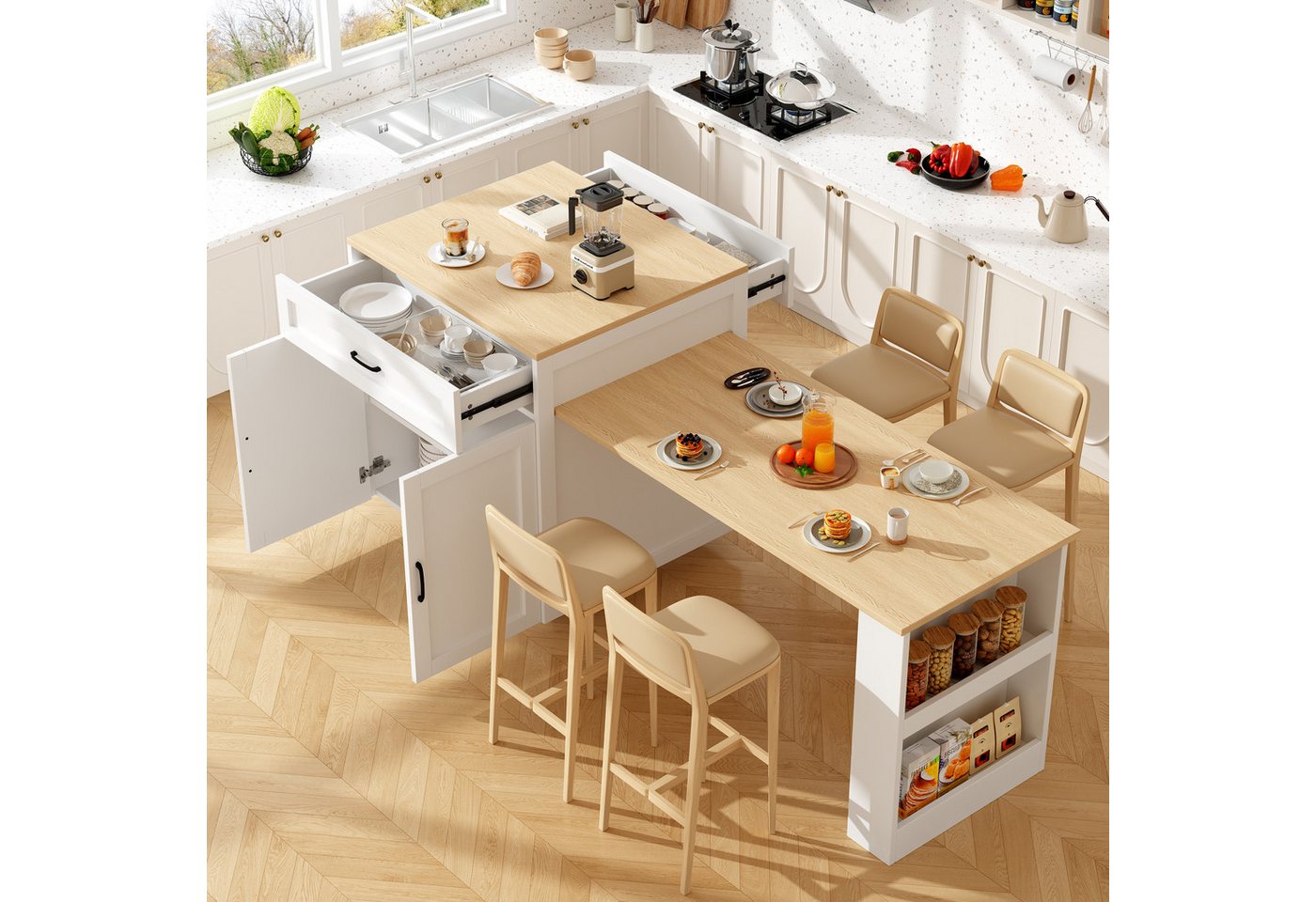 KLAM HOME Kücheninsel Ausziehbarer Bartisch Stehtisch mit Stauraum (133-202×70×93,5cm), (Kücheninsel-Ausziehtisch mit Schublade und Fächern für 2-6 Personen), Küchen-Esswagen mit Seitenablagen, weiß Bild 5