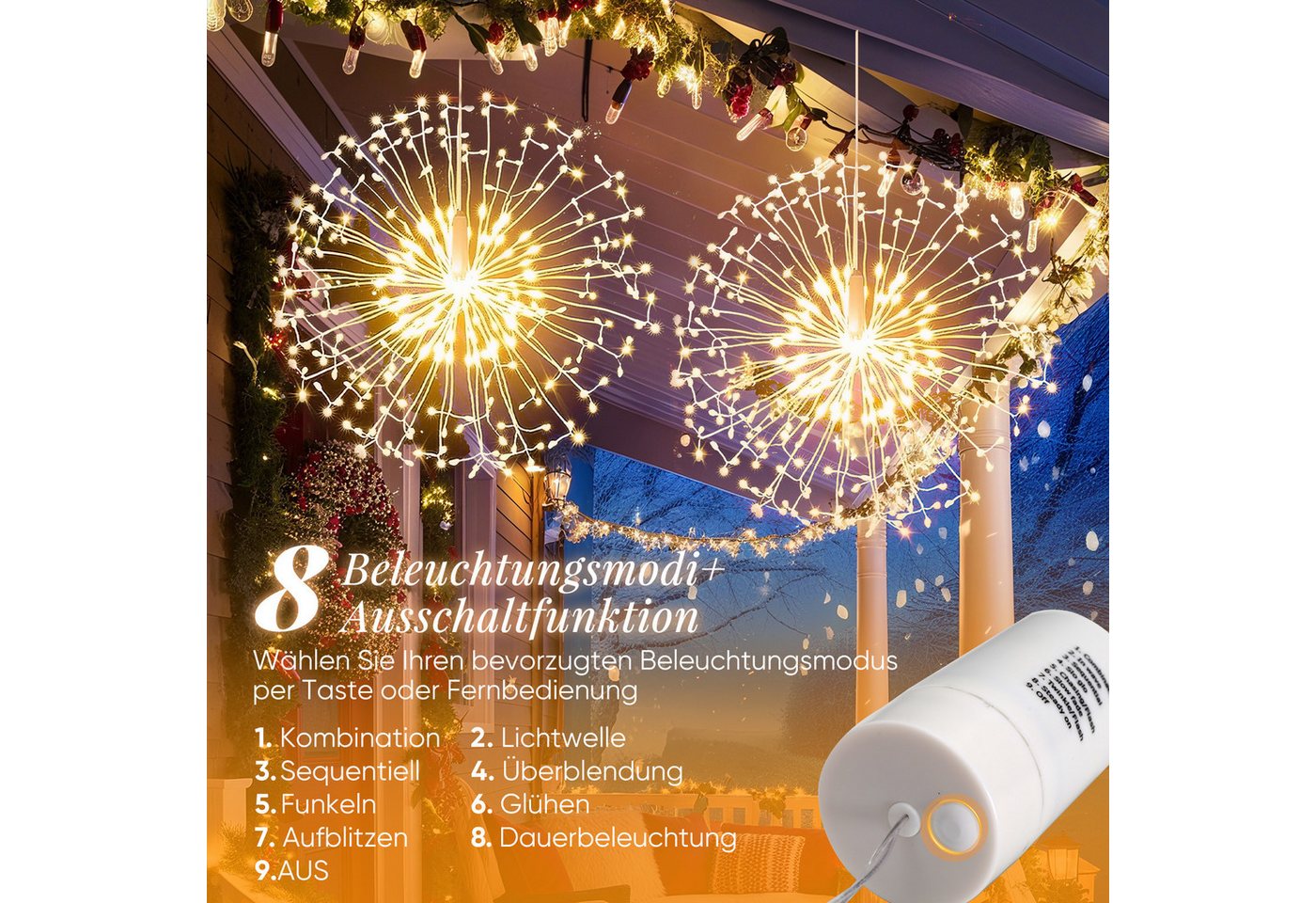 Salcar LED-Lichterkette 198 LED Feuerwerk Lichterkette Weihnachts Dekoration mit Fernbedienung, 2 Stück 8 Modi Hängende Gartenlichter Wetterfest Weihnachtsbeleuchtung Bild 2