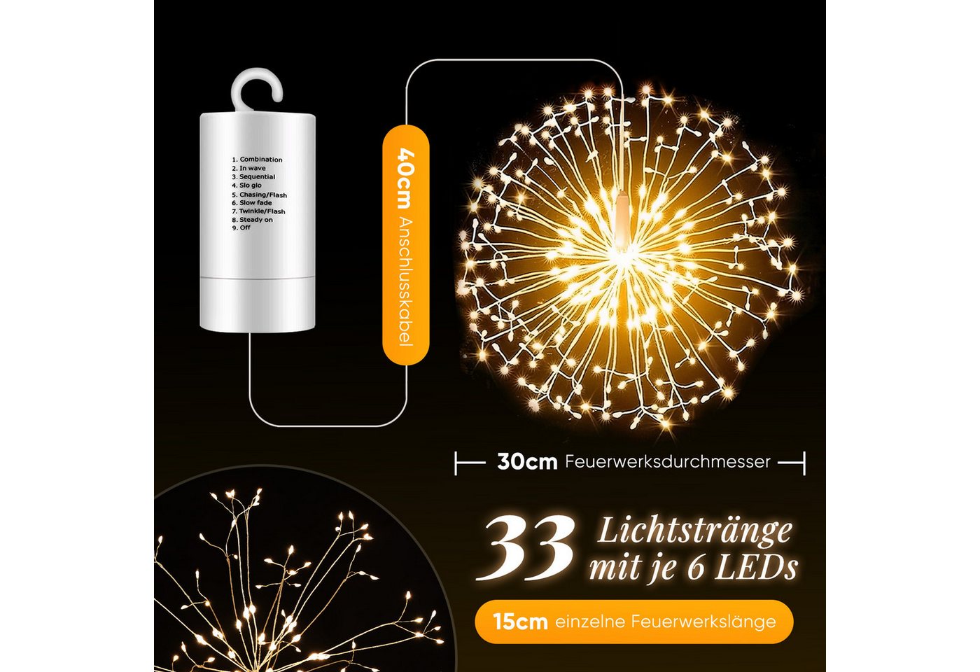 Salcar LED-Lichterkette 198 LED Feuerwerk Lichterkette Weihnachts Dekoration mit Fernbedienung, 2 Stück 8 Modi Hängende Gartenlichter Wetterfest Weihnachtsbeleuchtung Bild 5