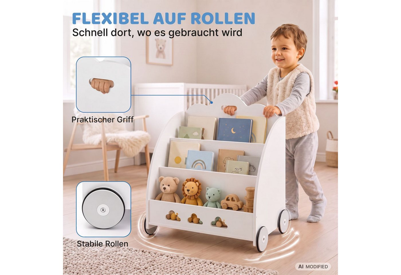 Coemo Standregal BOOKIE, Aufbewahrungsrollwagen Holz, Bücherregal & Spielzeugkiste in Weiß