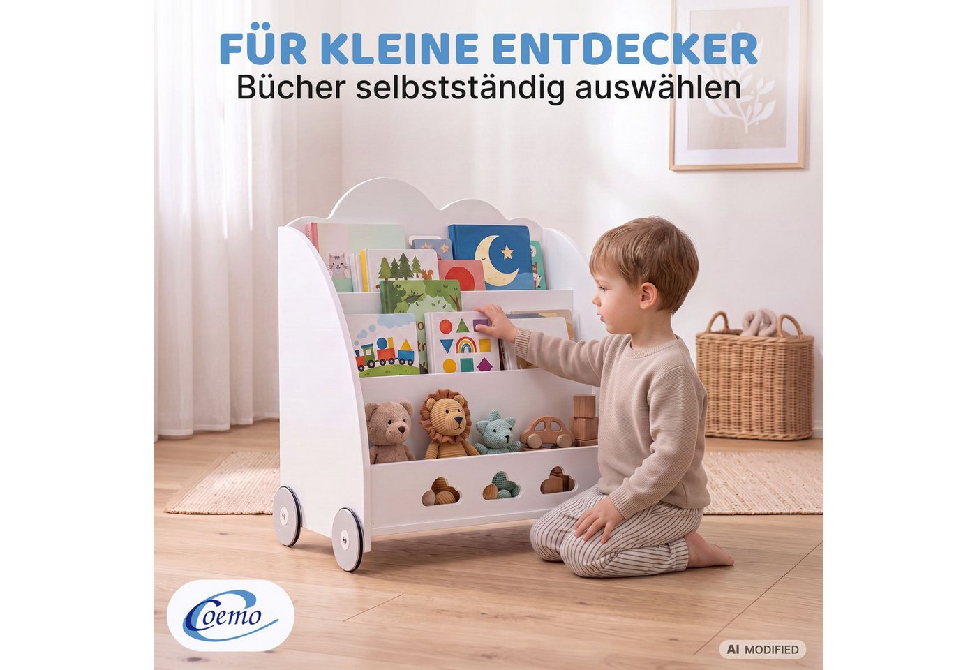 Coemo Standregal BOOKIE, Aufbewahrungsrollwagen Holz, Bücherregal & Spielzeugkiste in Weiß Bild 2