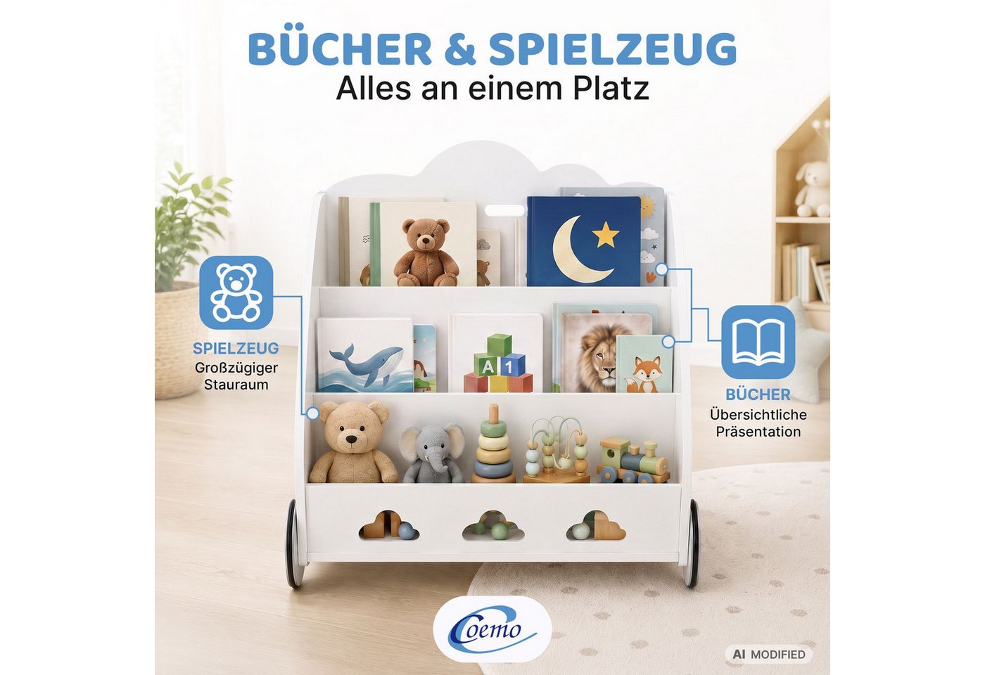 Coemo Standregal BOOKIE, Aufbewahrungsrollwagen Holz, Bücherregal & Spielzeugkiste in Weiß Bild 3