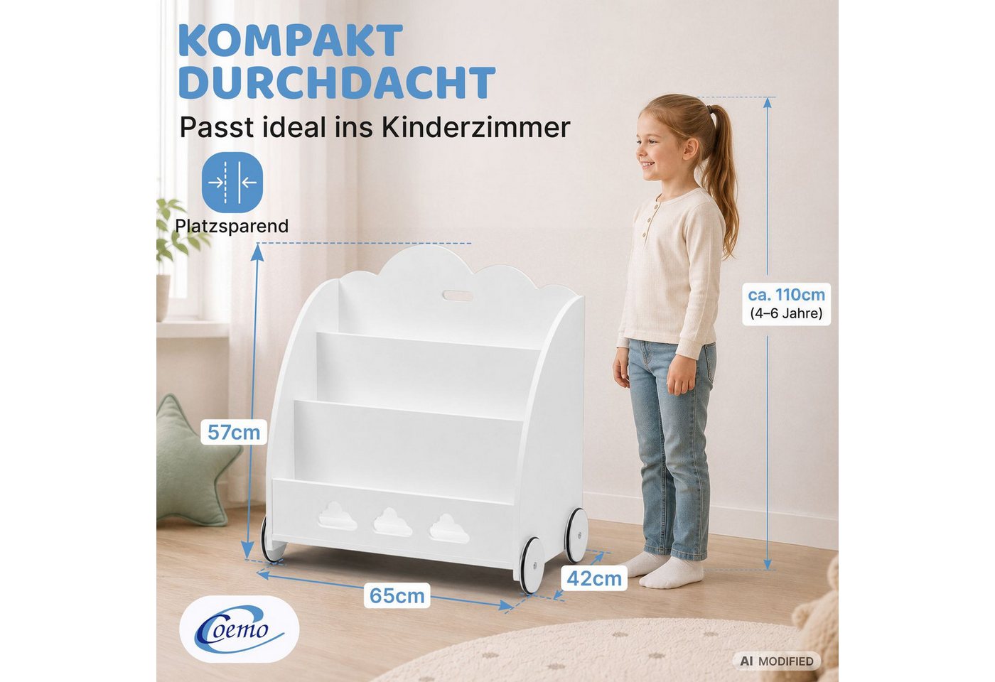 Coemo Standregal BOOKIE, Aufbewahrungsrollwagen Holz, Bücherregal & Spielzeugkiste in Weiß Bild 4
