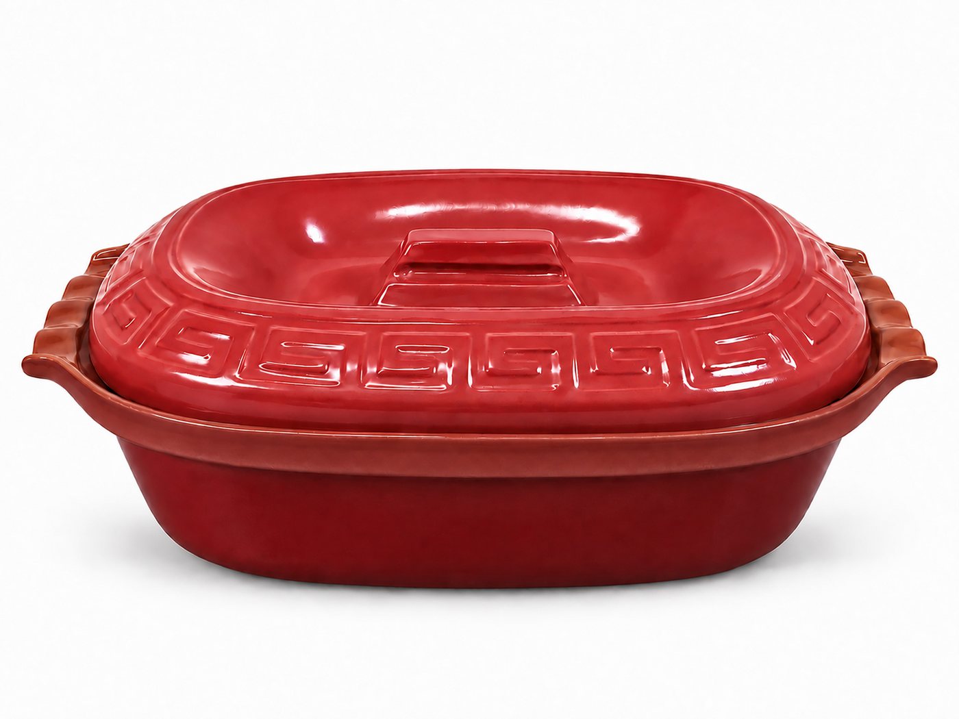 KERAZO Brotbackform 5L Keramik Bräter oval mit Deckel Brottopf Auflaufform 41x27x13cm, rot, Mit dekorativem Relief am Deckel und markant geformten Seitengriffen