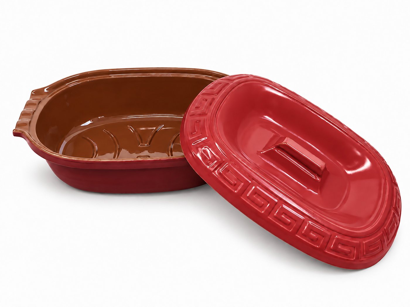 KERAZO Brotbackform 5L Keramik Bräter oval mit Deckel Brottopf Auflaufform 41x27x13cm, rot, Mit dekorativem Relief am Deckel und markant geformten Seitengriffen Bild 2