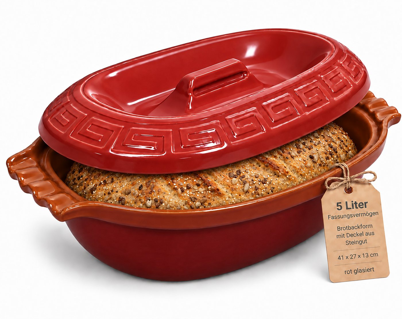 KERAZO Brotbackform 5L Keramik Bräter oval mit Deckel Brottopf Auflaufform 41x27x13cm, rot, Mit dekorativem Relief am Deckel und markant geformten Seitengriffen Bild 3