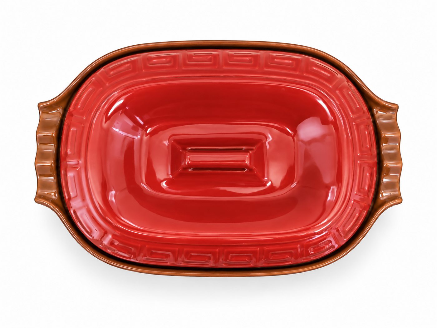 KERAZO Brotbackform 5L Keramik Bräter oval mit Deckel Brottopf Auflaufform 41x27x13cm, rot, Mit dekorativem Relief am Deckel und markant geformten Seitengriffen Bild 4