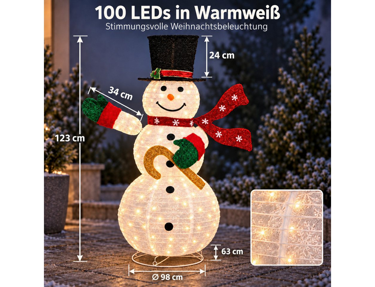 pedete LED Dekofigur Beleuchteter Schneemann. Wetterfeste Weihnachtsdekoration, 100 LED Lichtern für Garten und Haus, 123 cm, Warmweiß, Halloween, Weihnachten, Neujahr, und verschiedene Festtagsdekorationen