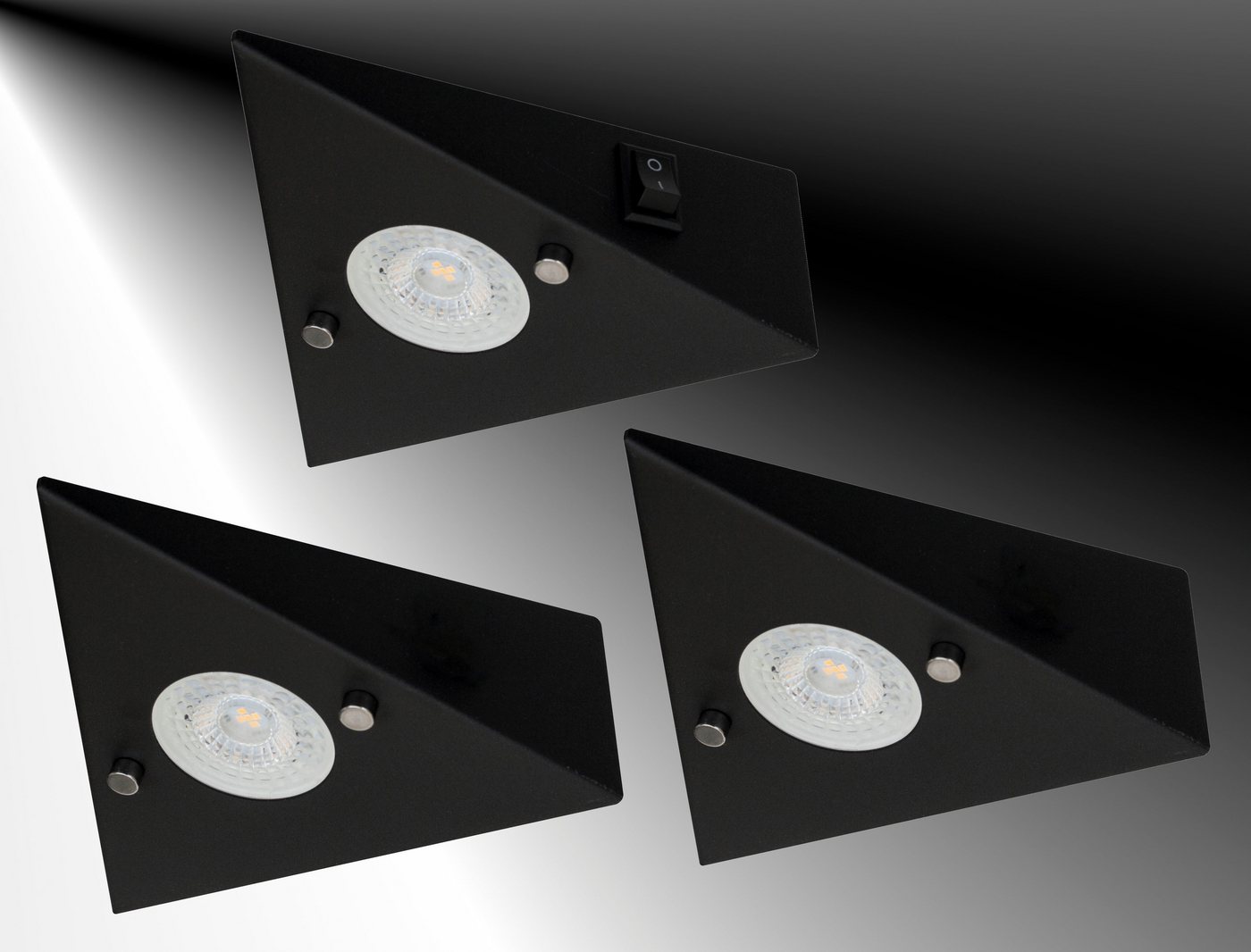 TRANGO LED Unterbauleuchte, 3er Set 6740-35 LED-Küchenunterbauleuchte aus Edelstahl in Matt-Schwarz *COOK* LED Einbauleuchte - Einbaustrahler inkl. 3x 4,8 Watt LED Modul 3000K warmweiß - direkt 230 Volt - beliebig erweiterbar, Schalter - Dreieckleuchte – Schrankleuchte