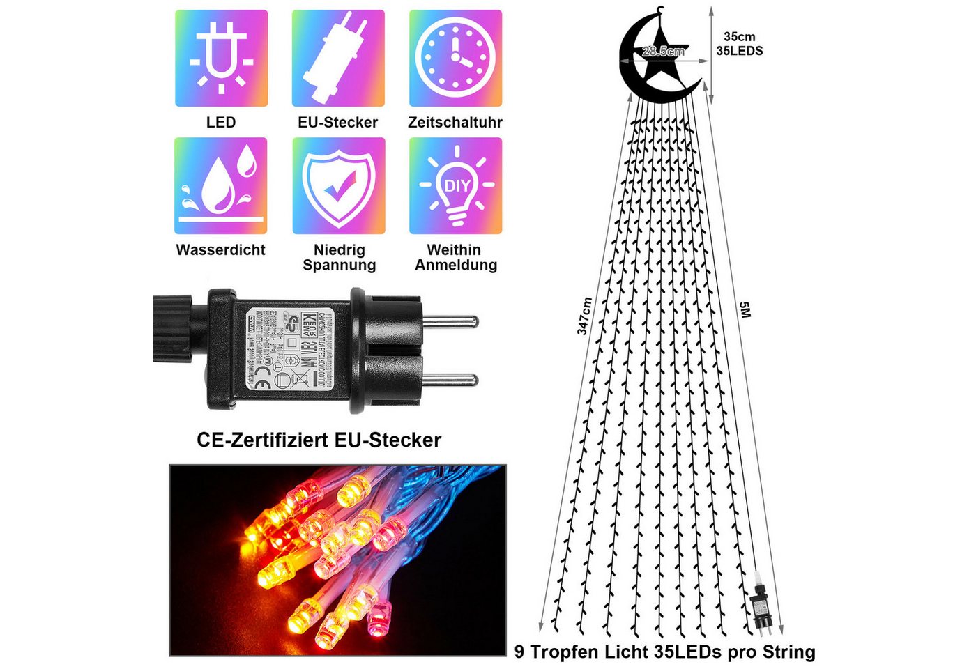 LMaxhome LED-Lichterkette Wasserfall Weihnachtsbaum Beleuchtung Stern Außen Garten, 350-flammig, 3.47M, 8 Modi mit Fernbedienung, Topper Mondstern, Timer