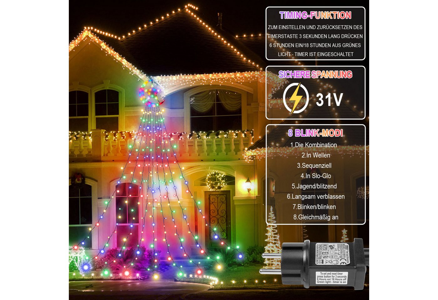 LMaxhome LED-Lichterkette Wasserfall Weihnachtsbaum Beleuchtung Stern Außen Garten, 350-flammig, 3.47M, 8 Modi mit Fernbedienung, Topper Mondstern, Timer Bild 2