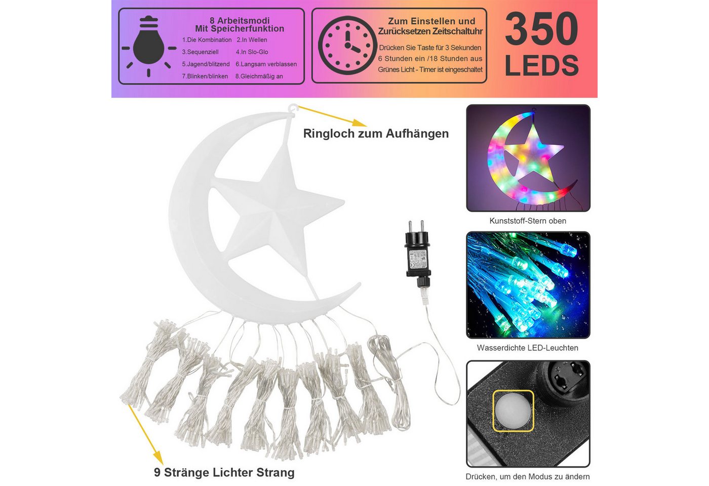 LMaxhome LED-Lichterkette Wasserfall Weihnachtsbaum Beleuchtung Stern Außen Garten, 350-flammig, 3.47M, 8 Modi mit Fernbedienung, Topper Mondstern, Timer Bild 3
