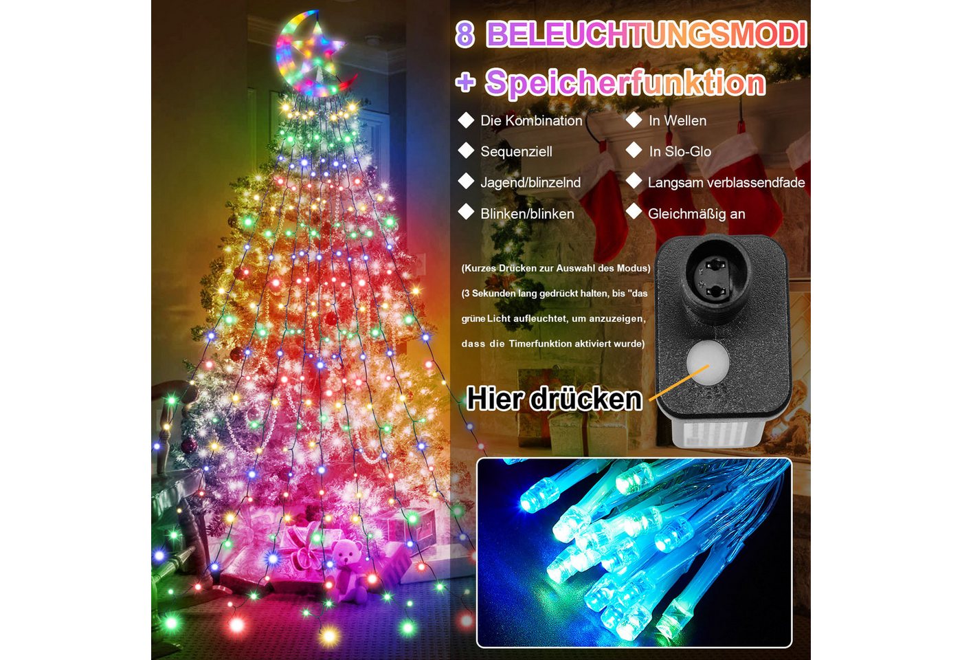 LMaxhome LED-Lichterkette Wasserfall Weihnachtsbaum Beleuchtung Stern Außen Garten, 350-flammig, 3.47M, 8 Modi mit Fernbedienung, Topper Mondstern, Timer Bild 5