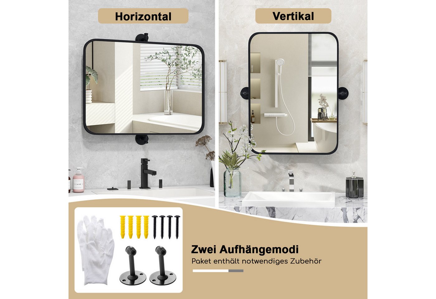 COSTWAY Badspiegel, mit Wandhalterung, kippbar, 76,5x56cm, rechteckig Bild 2