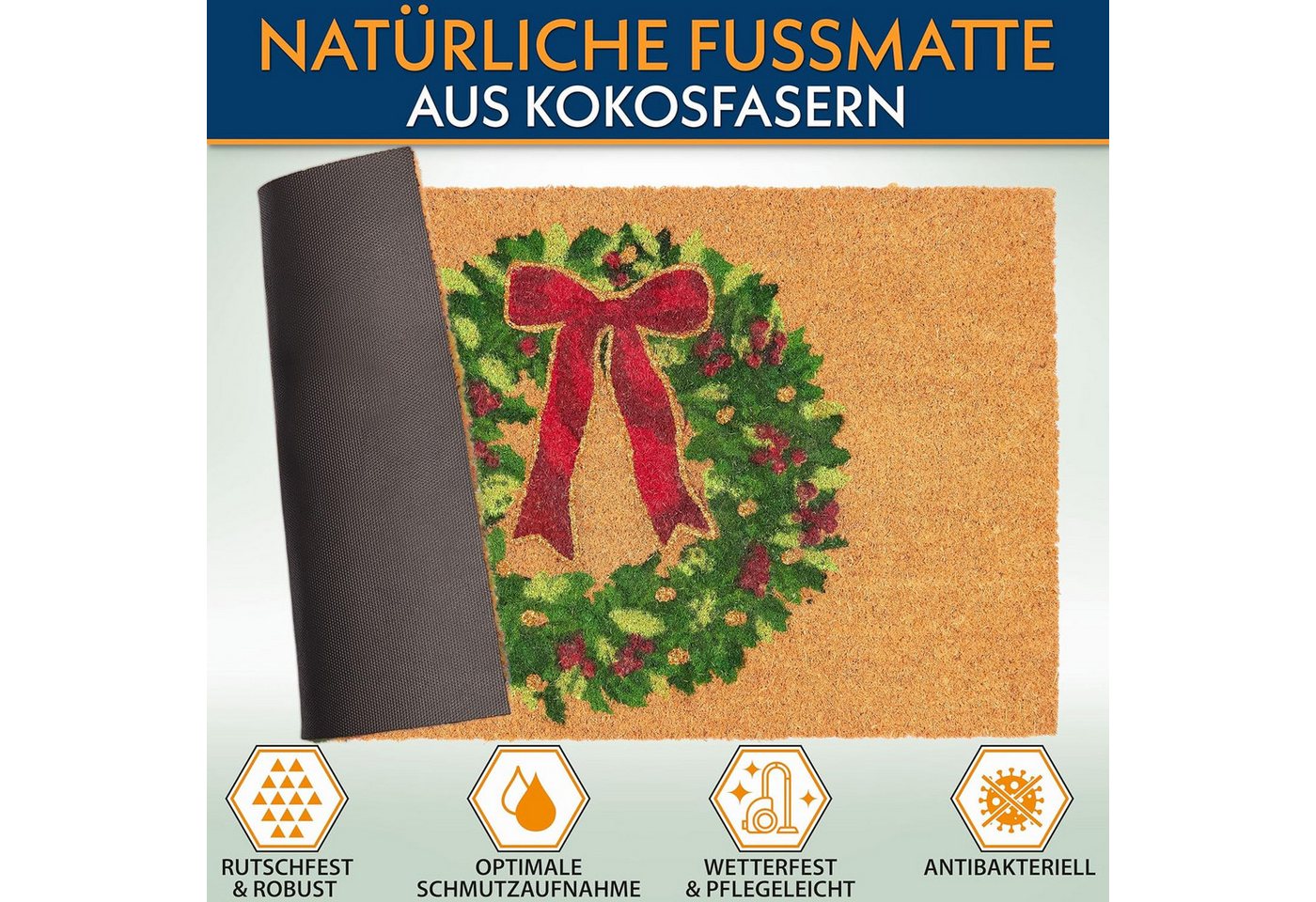 BRUBAKER Fußmatte 45 x 75 cm - Adventskranz mit Schleife - Schmutzfangmatte, Rechteckig, Höhe: 15 mm, Türmatte für Außen und Innen - Wetterfest und Rutschfest