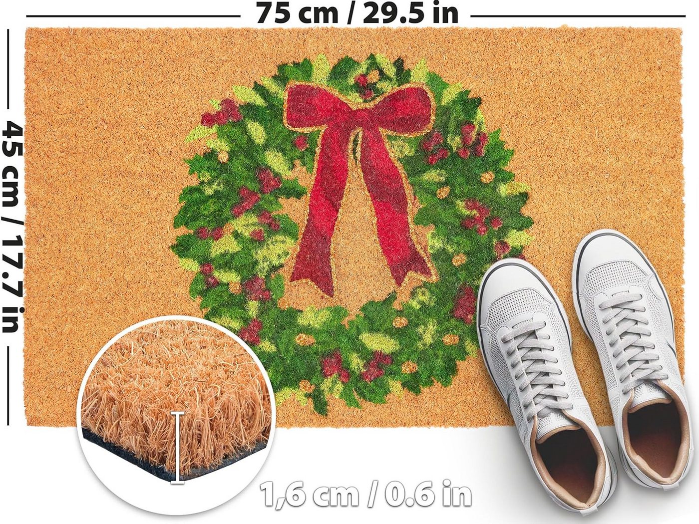 BRUBAKER Fußmatte 45 x 75 cm - Adventskranz mit Schleife - Schmutzfangmatte, Rechteckig, Höhe: 15 mm, Türmatte für Außen und Innen - Wetterfest und Rutschfest Bild 2