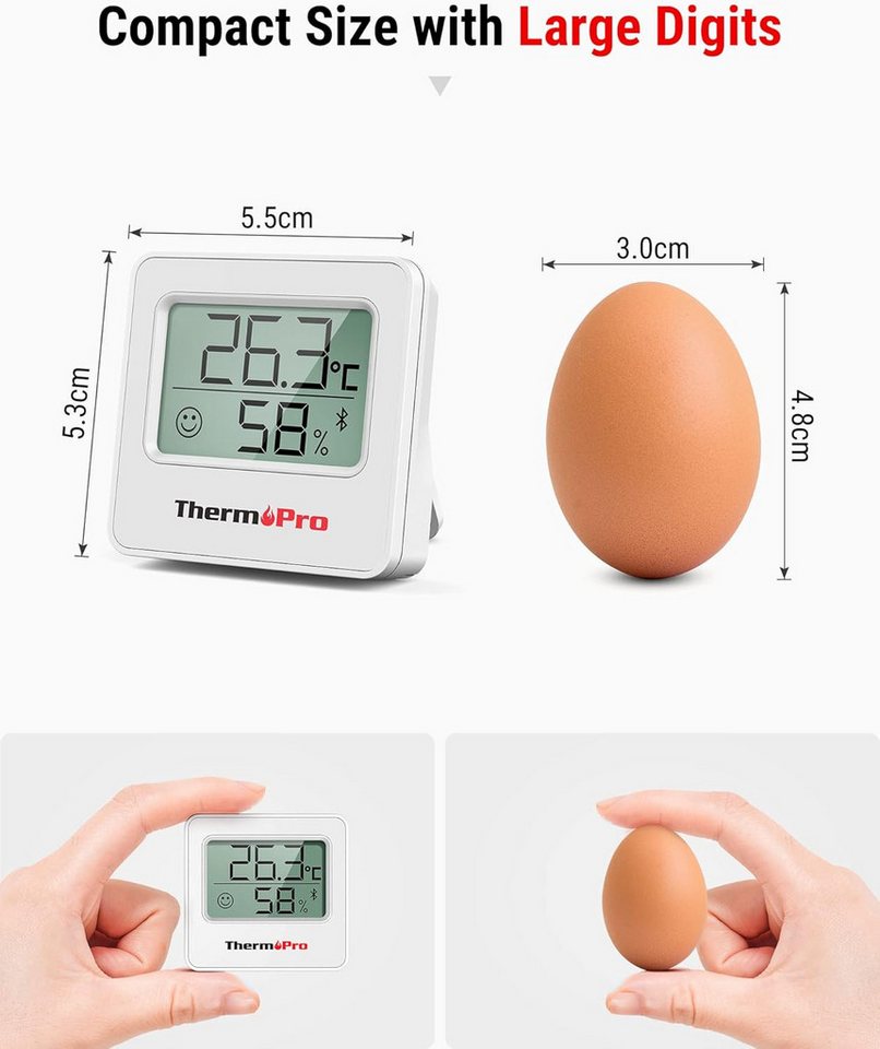 ThermoPro Hygrometer TP357 Bluetooth Thermo-Hygrometer, (2-St), Bluetooth-Thermo-Hygrometer mit App, 80 m Reichweite, Alarm