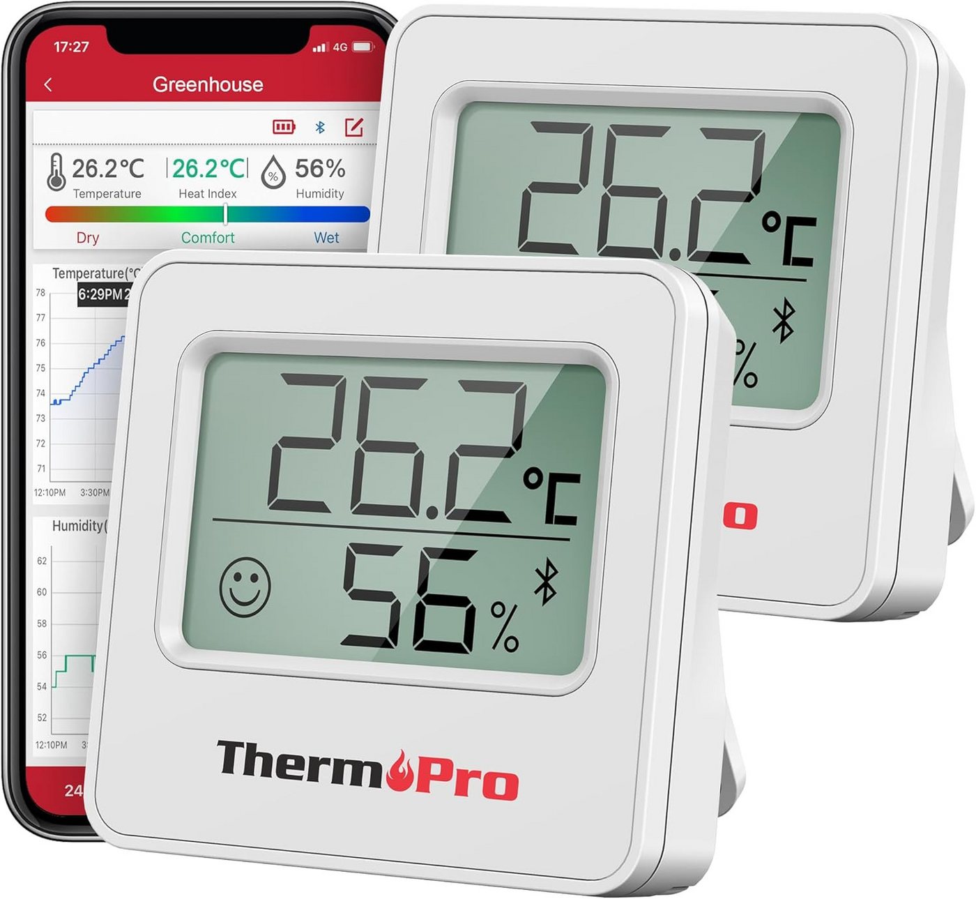 ThermoPro Hygrometer TP357 Bluetooth Thermo-Hygrometer, (2-St), Bluetooth-Thermo-Hygrometer mit App, 80 m Reichweite, Alarm Bild 2