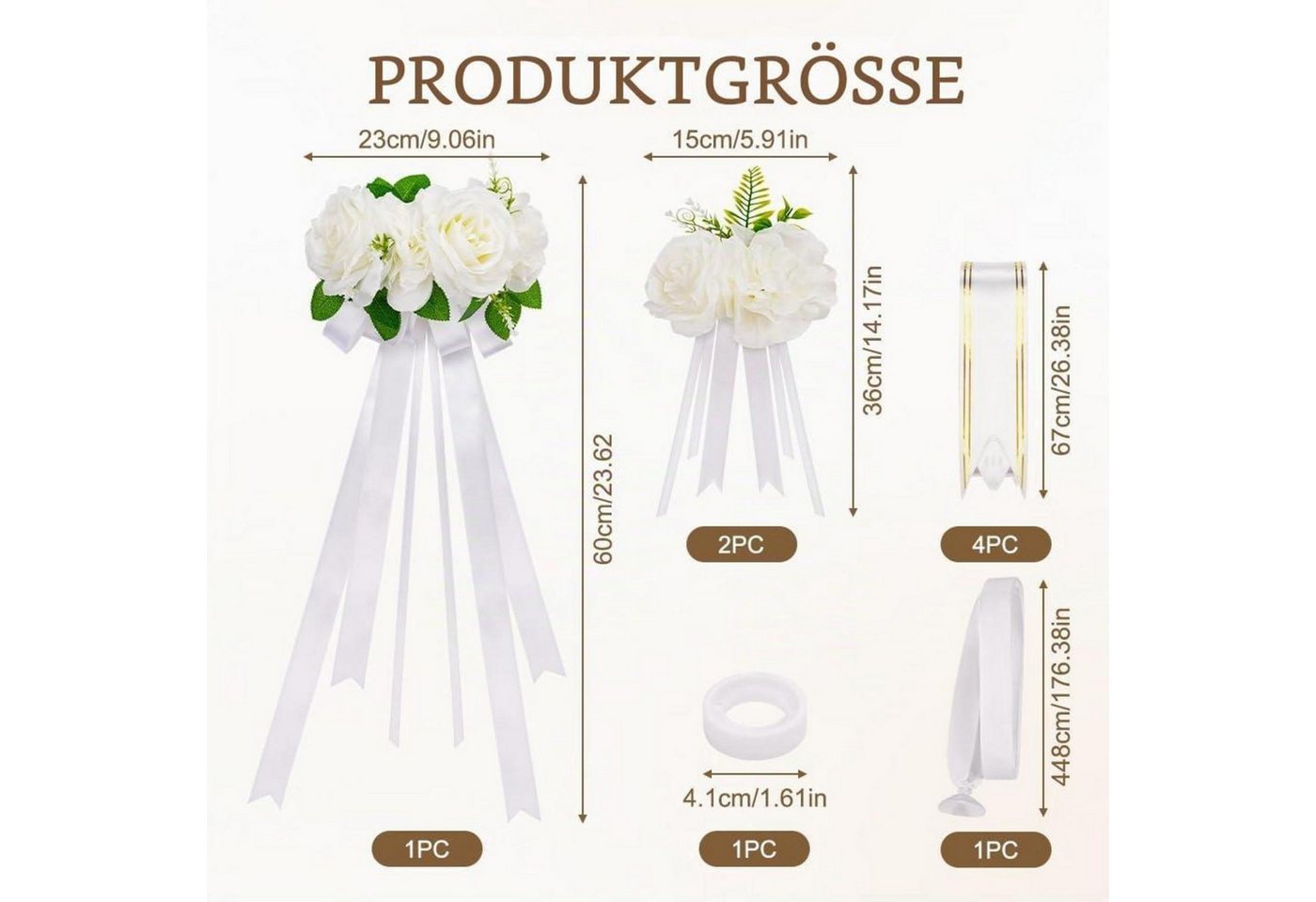LuxusKollektion Girlande Hochzeitsauto Deko-Set 3 Rosen Weiß