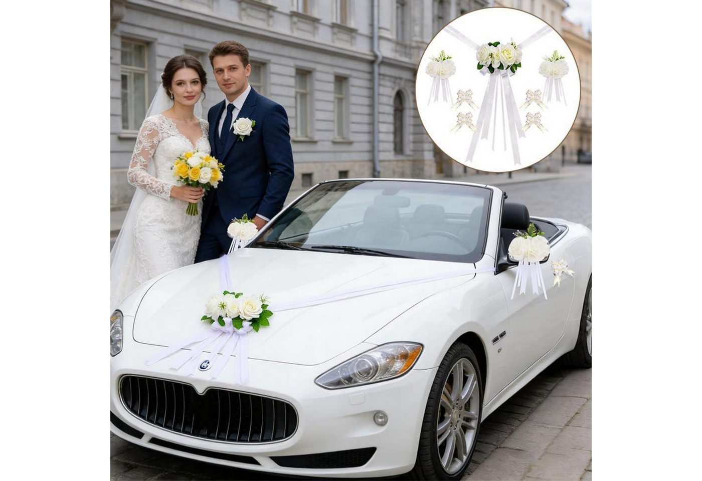 LuxusKollektion Girlande Hochzeitsauto Deko-Set 3 Rosen Weiß Bild 2