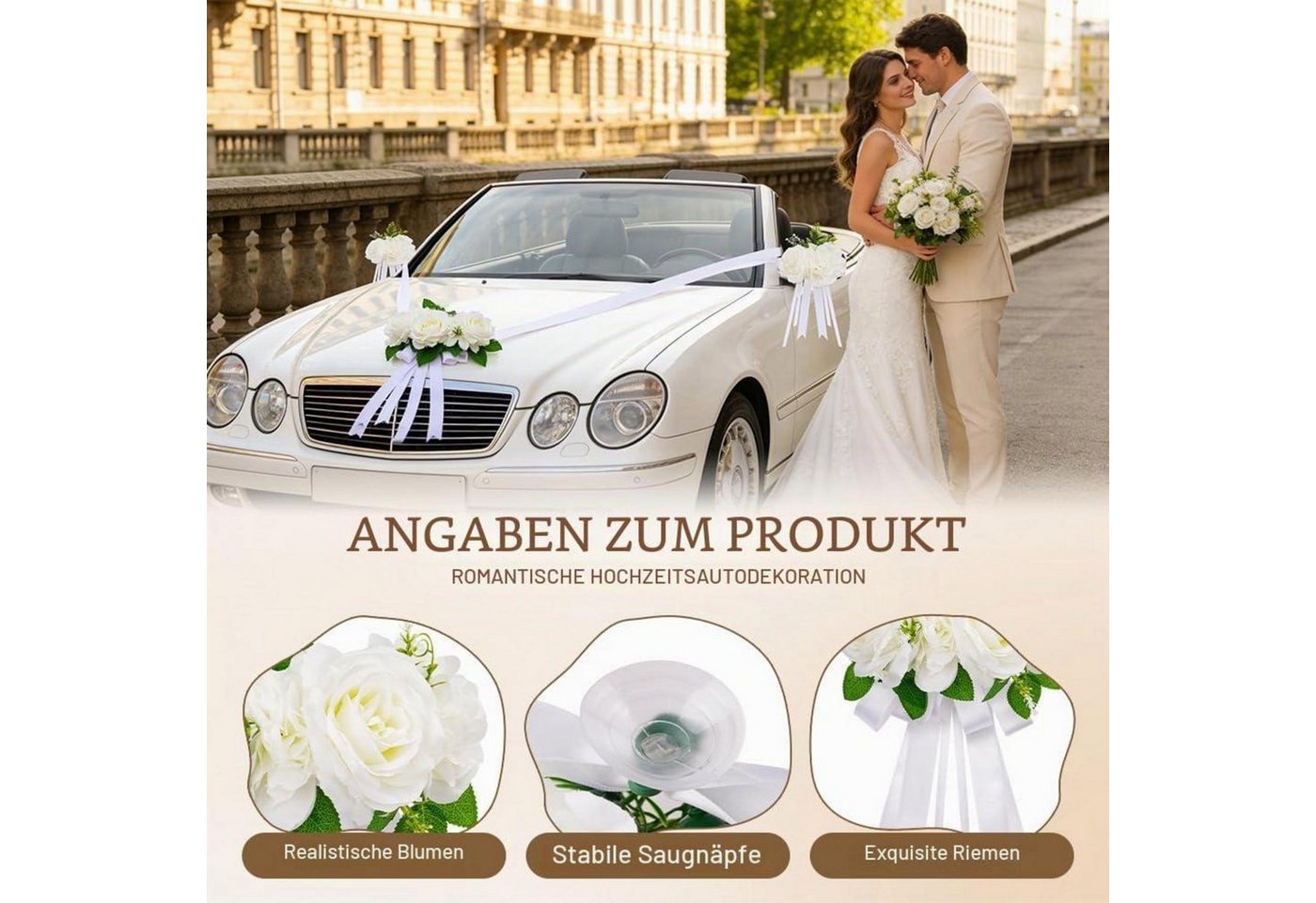 LuxusKollektion Girlande Hochzeitsauto Deko-Set 3 Rosen Weiß Bild 3
