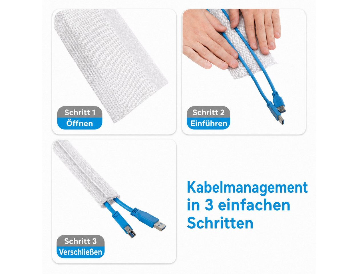 ARLI Kabeldurchfuhr 2m Kabelschlauch mit Klettverschluss Kabelmanagement Kabel Organizer, Packung, 1-tlg., 1er Set weiß, flexibel Kabelkanal Kabelverkleidung Ø bis 23 mm
