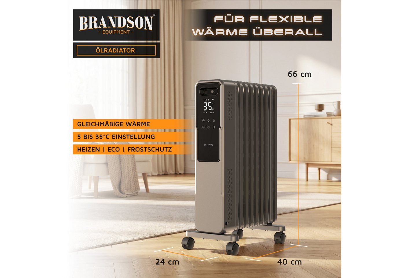 Brandson Ölradiator 9 Rippen M-Form, Thermostat 5-35 °C, 24h-Timer, Fernbedienung, Rollen, 2200 W, ECO-Modus, Fenster-offen-Erkennung, Frostschutz, Kindersicherung Bild 3