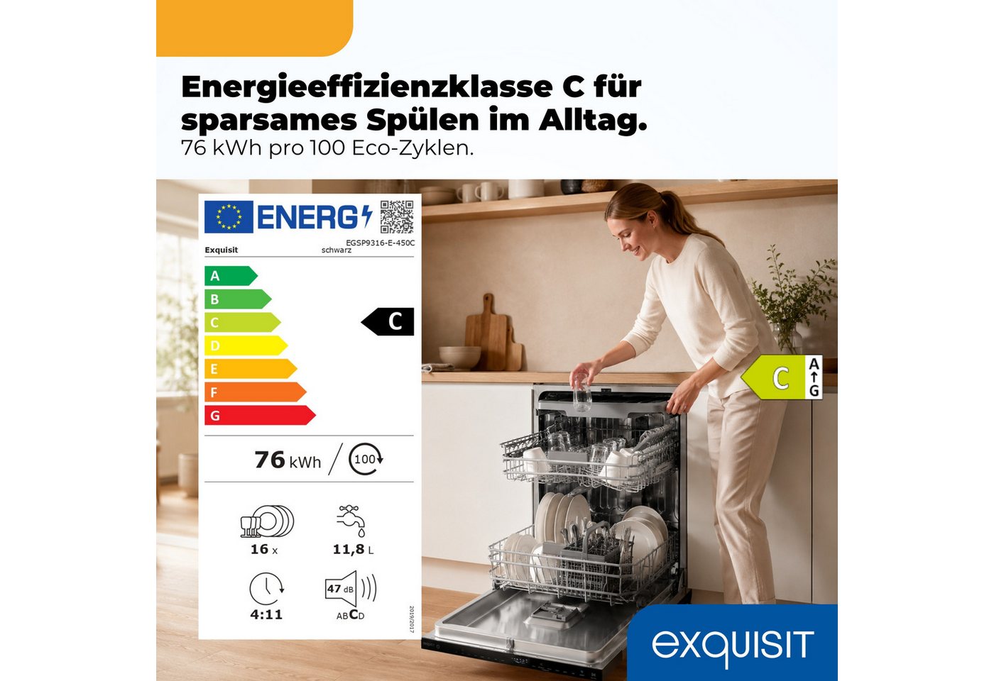exquisit vollintegrierbarer Geschirrspüler EGSP9316-E-450C schwarz, 11,8 l, 16 Maßgedecke, Großes Fassungsvermögen, komfortabel im Alltag Bild 5