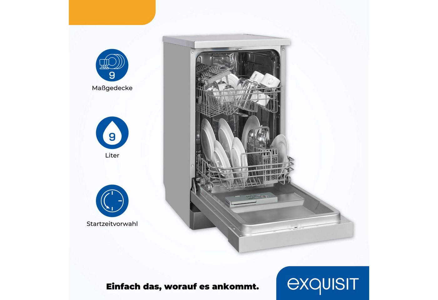 exquisit Standgeschirrspüler GSP9310-031C silber, 8,3 l, 10 Maßgedecke, 10 Maßgedecke, 7 Programme, LED, Besteckkorb, Auto Door Open, AquaStop Bild 3