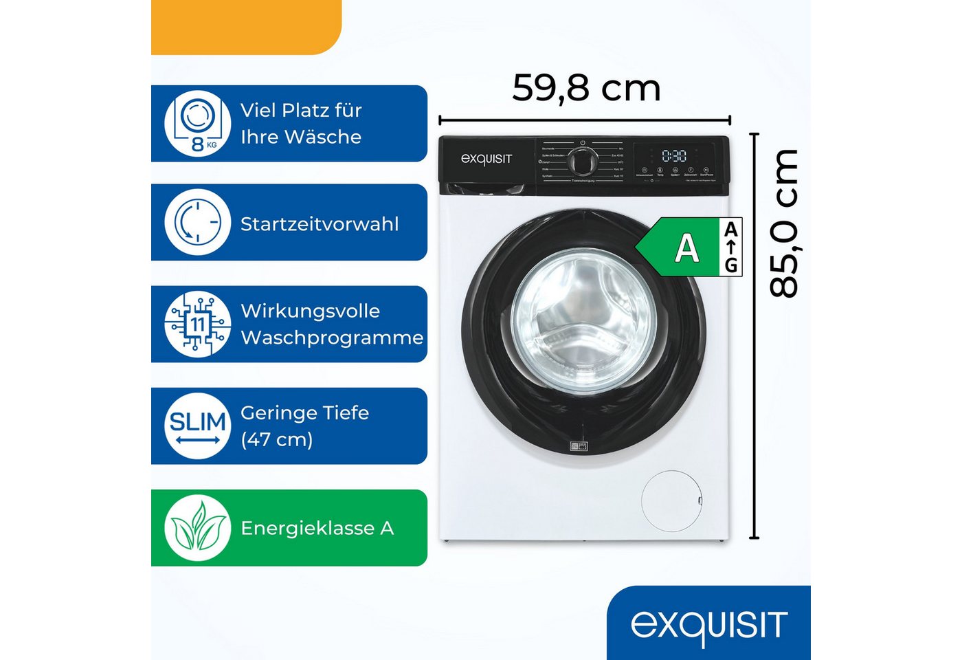exquisit Waschmaschine WA8014-370A weiss, 8 kg, 1400 U/min, 8 kg, 1400 U/min, 11 Programme & Startzeitvorwahl Bild 2