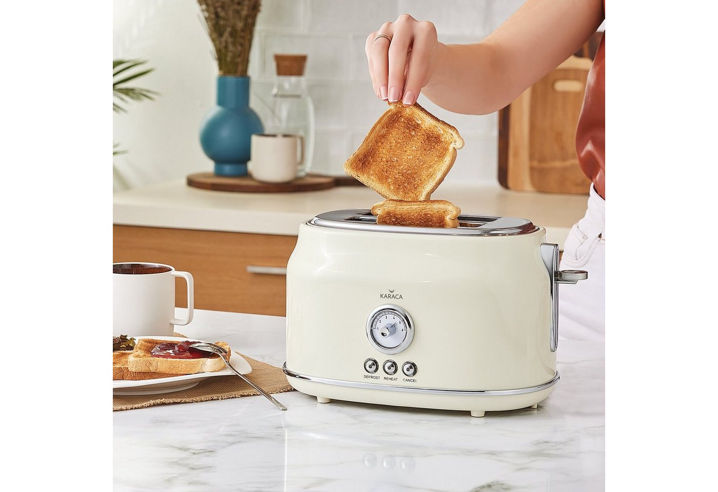 Karaca Sandwichmaker Retro Toaster Creme, 815W, 2 Scheiben, Auftau & Aufwärmen, Edelstahl