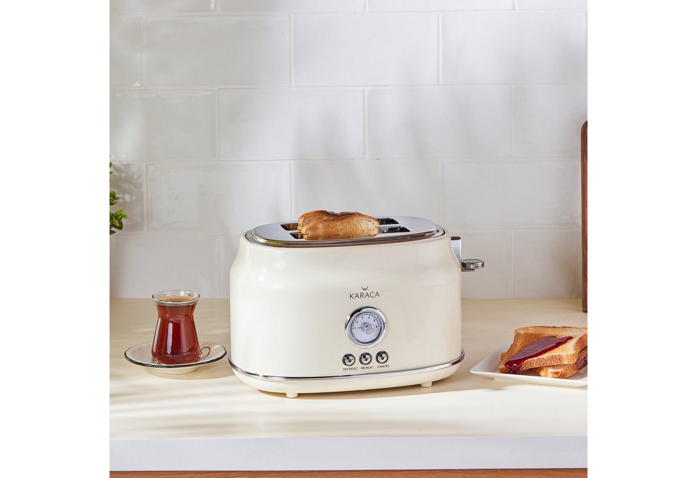 Karaca Sandwichmaker Retro Toaster Creme, 815W, 2 Scheiben, Auftau & Aufwärmen, Edelstahl Bild 4