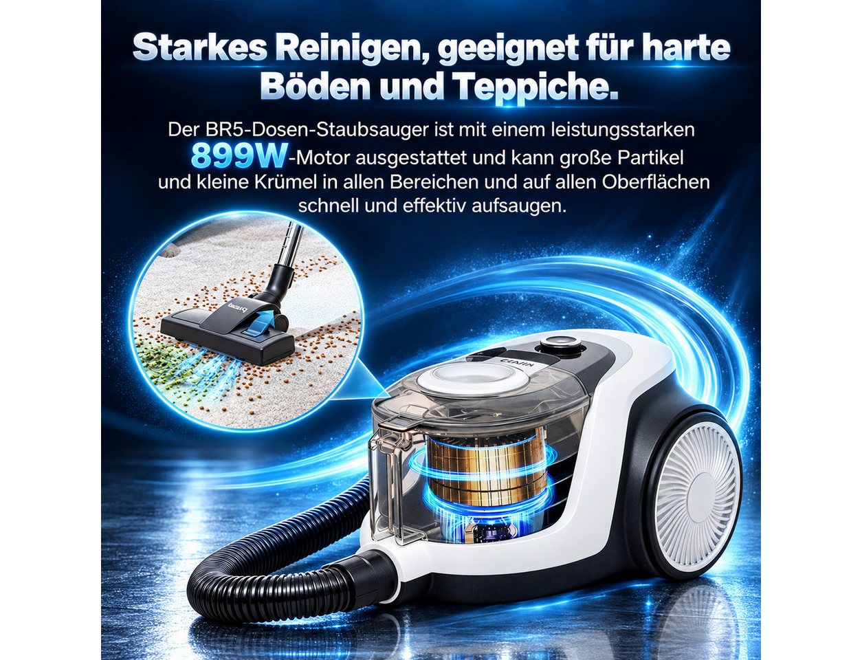 VacniQ Bodenstaubsauger BR5, 899 W, Staubbehälter, Beutelloser Staubsauger, Hohe Saugleistung, Kompakt Leicht Staubsauger Bild 2